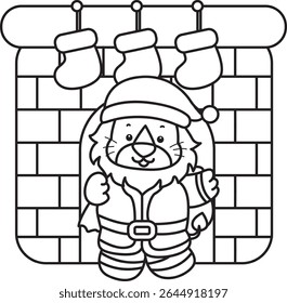 Outline of Cute Lion icon. Coloring pages of  Funny baby Lion animal series. outline of Santa lion arrive in the fire place