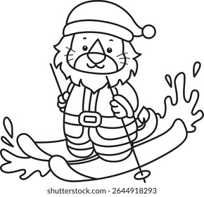 Outline of Cute Lion icon. Coloring pages of  Funny baby Lion animal series. outline of Santa Claus riding an ice skating