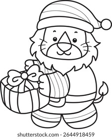 Outline of Cute Lion icon. Coloring pages of  Funny baby Lion animal series. outline of dwarf lion bring a gift box