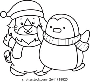 Outline of Cute Lion icon. Coloring pages of  Funny baby Lion animal series. outline of lion with penguin