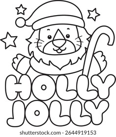 Outline of Cute Lion icon. Coloring pages of  Funny baby Lion animal series. outline of Santa Claus with holly Jolly text