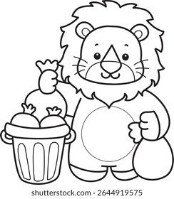 Outline of Cute Lion icon. Coloring pages of  Funny baby Lion animal series. outline of lion throw the garbage into its place