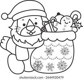 Outline of Cute Lion icon. Coloring pages of  Funny baby Lion animal series. outline of Santa lion bring a red socks