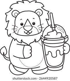 Outline of Cute Lion icon. Coloring pages of  Funny baby Lion animal series. outline of lion bring a milkshake