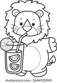 Outline of Cute Lion icon. Coloring pages of  Funny baby Lion animal series. outline of lion drinking an orange juice