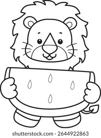 Outline of Cute Lion icon. Coloring pages of  Funny baby Lion animal series. outline of lion bring a watermelon