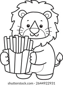 Outline of Cute Lion icon. Coloring pages of  Funny baby Lion animal series. outline of lion bring a french fries