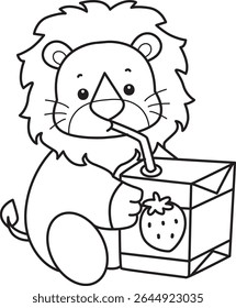 Outline of Cute Lion icon. Coloring pages of  Funny baby Lion animal series. outline of lion drinking a strawberry milk
