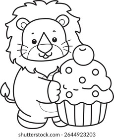 Outline of Cute Lion icon. Coloring pages of  Funny baby Lion animal series. outline of lion bring a creamy cupcake 