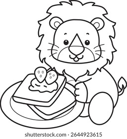 Outline of Cute Lion icon. Coloring pages of  Funny baby Lion animal series. outline of lion bring a strawberry bread