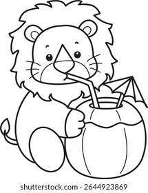 Outline of Cute Lion icon. Coloring pages of  Funny baby Lion animal series. outline of lion drinking a coconut drink