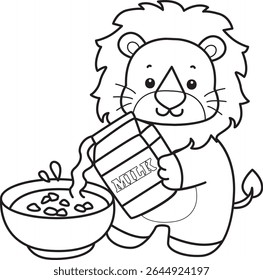 Outline of Cute Lion icon. Coloring pages of  Funny baby Lion animal series. outline of lion pouring a milk into cereal bowl