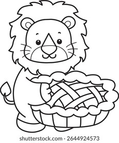 Outline of Cute Lion icon. Coloring pages of  Funny baby Lion animal series. outline of lion bring a pie cherry