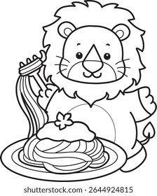 Outline of Cute Lion icon. Coloring pages of  Funny baby Lion animal series. outline of lion want to eating spaghetti