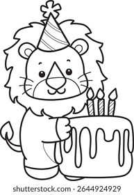 Outline of Cute Lion icon. Coloring pages of  Funny baby Lion animal series. outline of lion bring a birthday cake