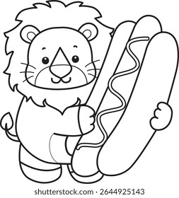 Outline of Cute Lion icon. Coloring pages of  Funny baby Lion animal series. outline of lion bring a hot dog