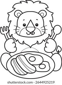 Outline of Cute Lion icon. Coloring pages of  Funny baby Lion animal series. outline of lion want to eating bacon and eggs