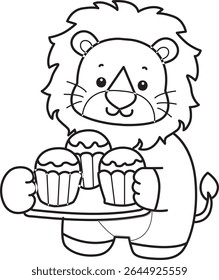 Outline of Cute Lion icon. Coloring pages of  Funny baby Lion animal series. outline of lion bring a three cupcakes
