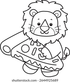 Outline of Cute Lion icon. Coloring pages of  Funny baby Lion animal series. outline of lion bring a pizza