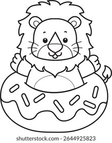 Contorno do ícone Leão Fofo. Colorir páginas de Engraçado bebê leão série animal. contorno de leão preso no meio da rosquinha 