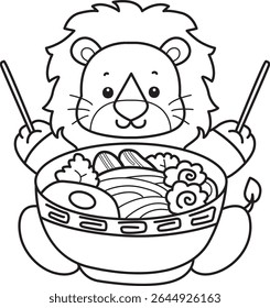 Outline of Cute Lion icon. Coloring pages of  Funny baby Lion animal series. outline of lion want to eating ramen