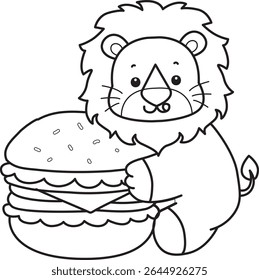 Outline of Cute Lion icon. Coloring pages of  Funny baby Lion animal series. outline of lion bring a big burger