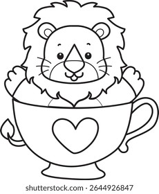 Outline of Cute Lion icon. Coloring pages of  Funny baby Lion animal series. outline of lion stuck in the hot tea
