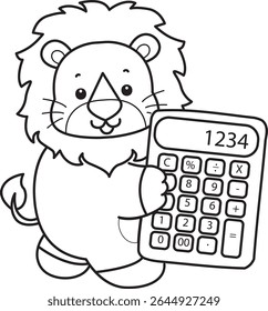 Outline of Cute Lion icon. Coloring pages of  Funny baby Lion animal series. outline of lion bring a calculator