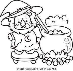 Outline of Cute Lion icon. Coloring pages of  Funny baby Lion animal series. outline of witch lion cooking a potion