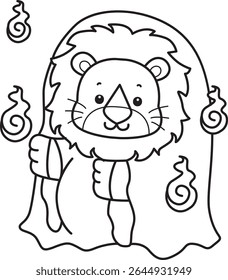 Outline of Cute Lion icon. Coloring pages of  Funny baby Lion animal series. outline of lion wearing a white ghost costume
