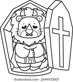Outline of Cute Lion icon. Coloring pages of  Funny baby Lion animal series. outline of vampire lion sleeping in the coffin