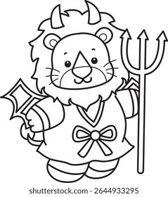 Outline of Cute Lion icon. Coloring pages of  Funny baby Lion animal series. outline of lion wearing a red devil costume 