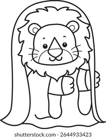 Outline of Cute Lion icon. Coloring pages of  Funny baby Lion animal series. outline of lion wearing a long hair and white ghost costume 