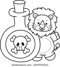 Outline of Cute Lion icon. Coloring pages of  Funny baby Lion animal series. outline of lion bring a black toxic potion