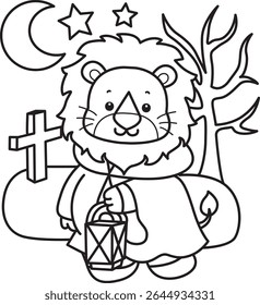 Outline of Cute Lion icon. Coloring pages of  Funny baby Lion animal series. outline of lion bring a lamp in the grave