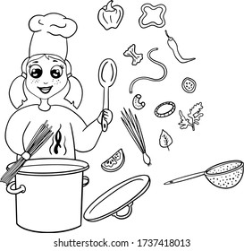 Outline cute little girl is cooking pasta. Hand-drawn doodle vector set of girl in a cook hat cooks noodles, vegetables. Isolated on white background. Cartoon style.