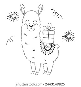 outline cute llama with gift box and  holiday confetti on white background, birthday greeting card with alpaca, flat vector illustration for poster, card, textile or invitation
