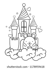 outline cute male mouse in the castle and clouds