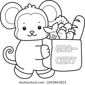 
Outline of Cute Monkey icon. Coloring book of Funny baby Monkey animal series stock illustration. outline of monkey bring a grocery bag