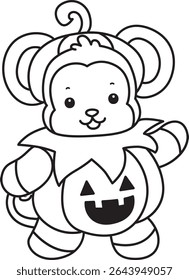Outline of Cute Monkey icon. COloring pages of Funny baby Monkey animal series stock illustration. outline of monkey wearing a pumpkin costume in halloween