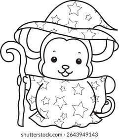Outline of Cute Monkey icon. COloring pages of Funny baby Monkey animal series stock illustration. outline of monkey wearing a witch costume 