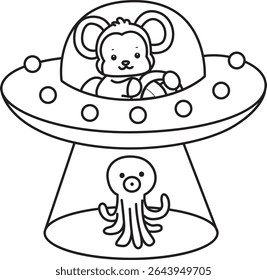 Outline of Cute Monkey icon. COloring pages of Funny baby Monkey animal series stock illustration. outline of monkey riding a space ship