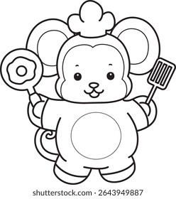 Outline of Cute Monkey icon. COloring pages of Funny baby Monkey animal series stock illustration. outline of monkey want to cooking eggs