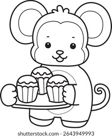 Outline of Cute Monkey icon. COloring pages of Funny baby Monkey animal series stock illustration. outline of monkey bring a three of cupcakes
