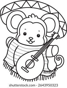 Outline of Cute Monkey icon. COloring pages of Funny baby Monkey animal series stock illustration. outline of monkey wearing Indiana costume