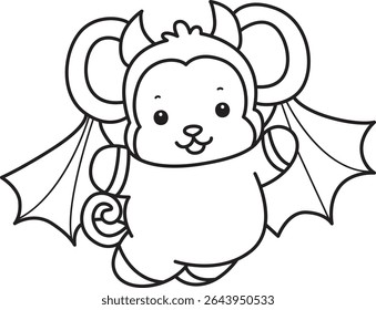 Outline of Cute Monkey icon. COloring pages of Funny baby Monkey animal series stock illustration. outline of monkey wearing a bat costume