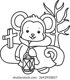 Outline of Cute Monkey icon. COloring pages of Funny baby Monkey animal series stock illustration. outline of monkey wearing a red Hoodie costume in the hrave
