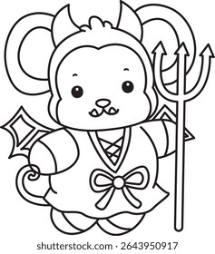 Outline of Cute Monkey icon. COloring pages of Funny baby Monkey animal series stock illustration. outline of monkey wearing a red devil costume