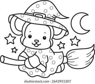 Outline of Cute Monkey icon. COloring pages of Funny baby Monkey animal series stock illustration. outline of monkey wearing a witch costume and flying