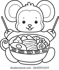 Outline of Cute Monkey icon. COloring pages of Funny baby Monkey animal series stock illustration. outline of monkey want to eating ramen
